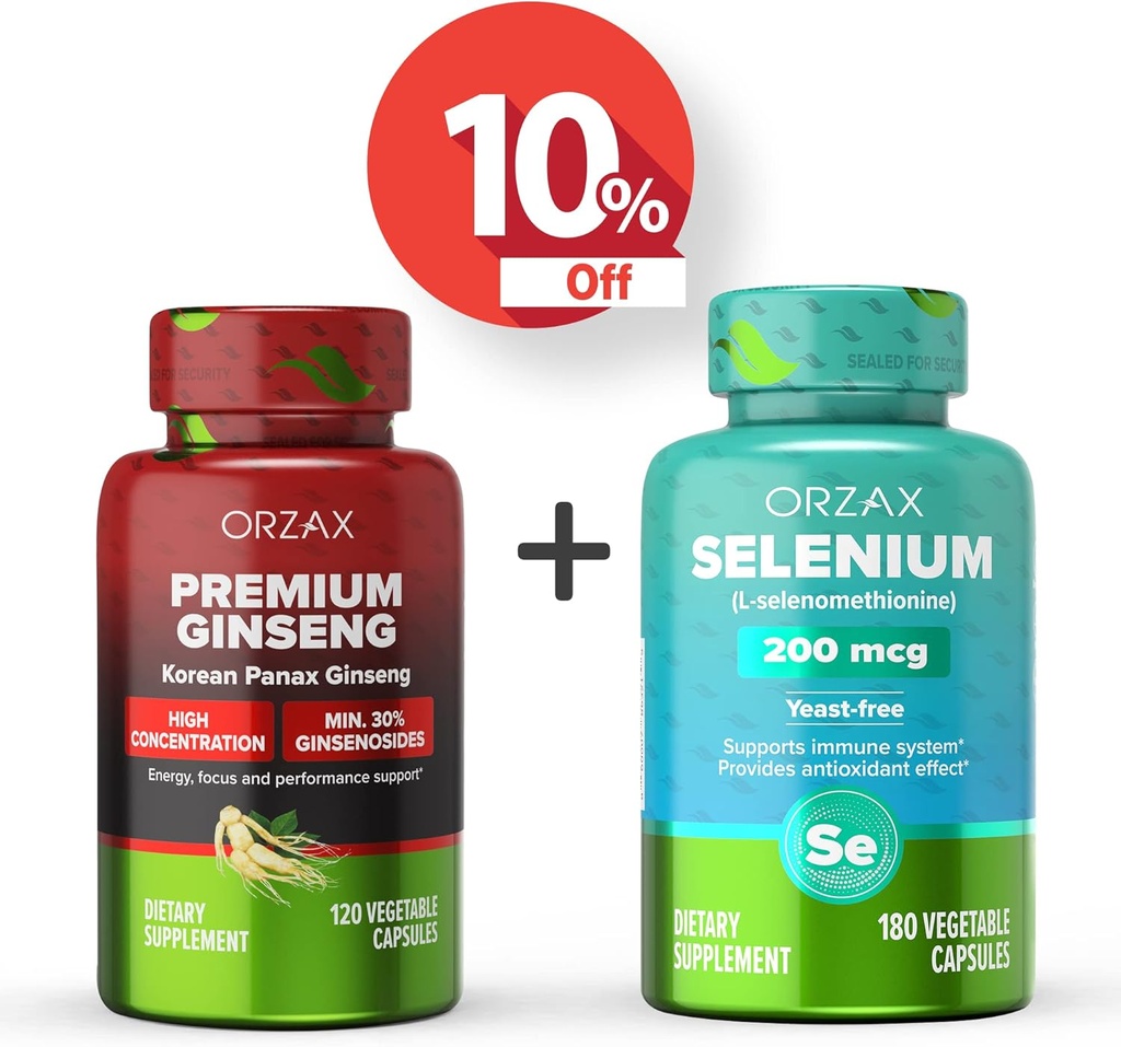 ORZAX Premium Ginseng 120 cápsulas Vegatable e Selênio 200 Mg 180 cápsulas Vegatable, pacote