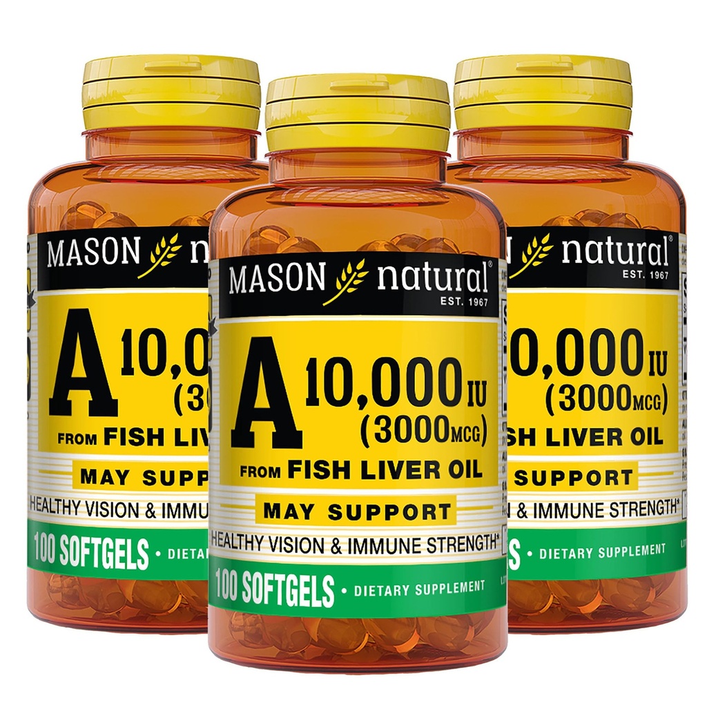 MASON NATURAL Vitamina A 3.000 mcg (10,000 UI) de óleo de fígado de peixe, Suporta Visão & Saúde Imune, 100 Softgels, Pacote de 3