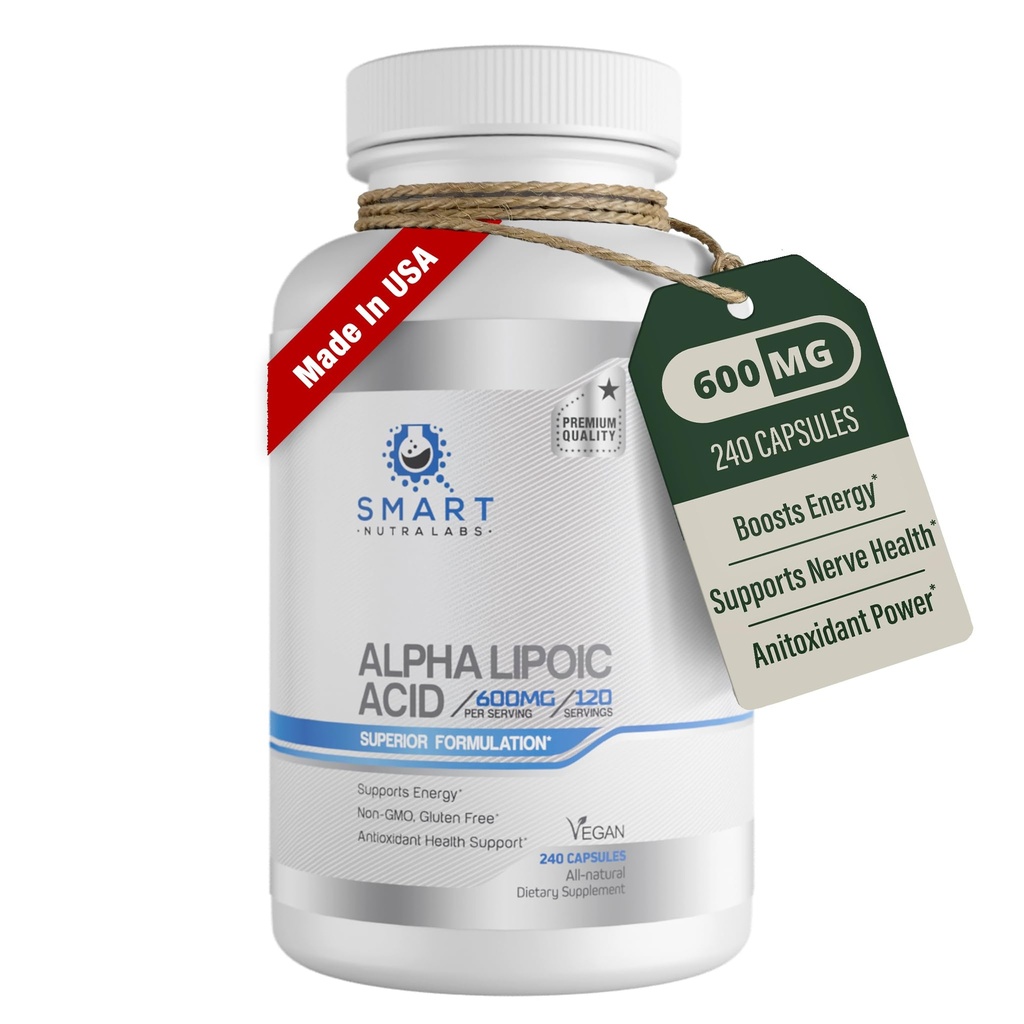 Ácido Alfa Lipóico 600mg Por serviço, 240 Cápsulas Vegan- Glúten Livre, Puro Não-GMO ALA- Suporta Energia e Anti-Oxidante