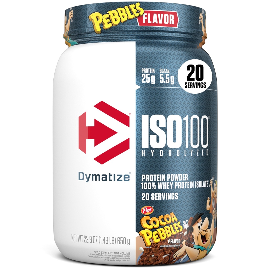 Dymatize x Cacau Pebbles ISO100 Whey Protein Powder Isolate, 25g de proteína, 20 Servings, 5,5g BCAAs, 120 Cal., Gluten Free, 1g Fat, 1g Sugar, 2g Carb