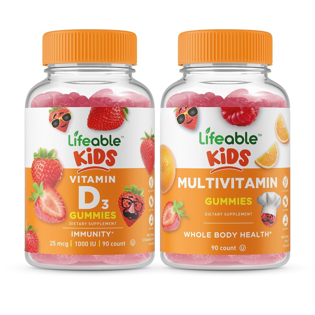 Vitamina D Crianças + Multivitamínicos Crianças, Gummies Bundle - Grande Degustação, Suplemento Vitamina, Sem Glúten, GMO Grátis, Gummy Mastigável