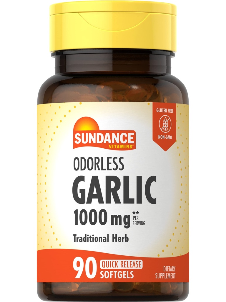 Sundance Odorless Alho Softgels 1000mg Contagem 90 Não-GMO e Suplemento sem glúten