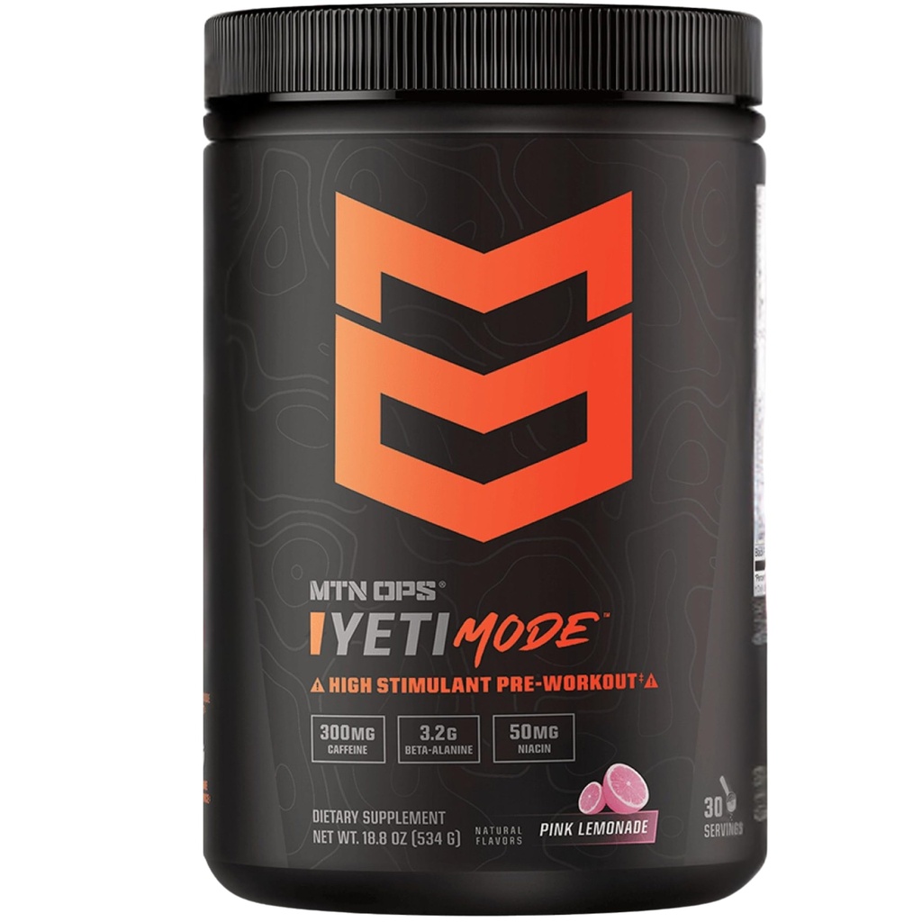 MTN OPS Yeti Modo Pré-Trabalho Pó - Explosivo de alta estimulação com 300mg de cafeína, Creatina Mono-hidratada, Beta-Alanina e 45mg Niacin - Flavor de limonada rosa em 30 Tubulação de serviço