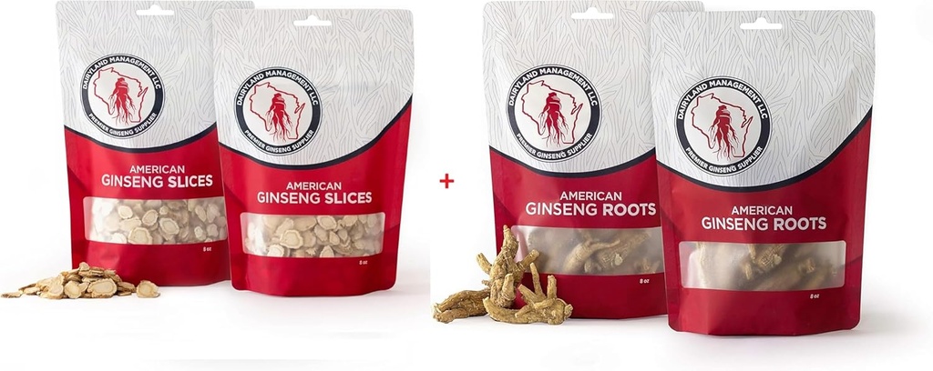 Dairyland American Ginseng Slices and Roots - Pacote de 16 onças Cada um de Wisconsin Ginseng - Direto do agricultor ao consumidor