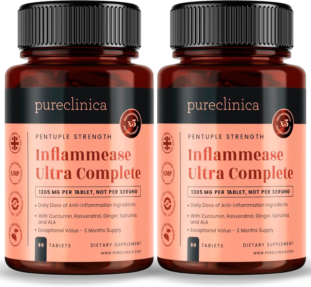 Pureclinica Inflamease Ultra Completo (Resveratrol, Ginger, ALA, Spirulina, Curcumina- 5 Suplementos em um) 1305mg x 180 Comprimidos - 2 Garrafas de 90 Comprimidos - 6 Meses Abastecimento!