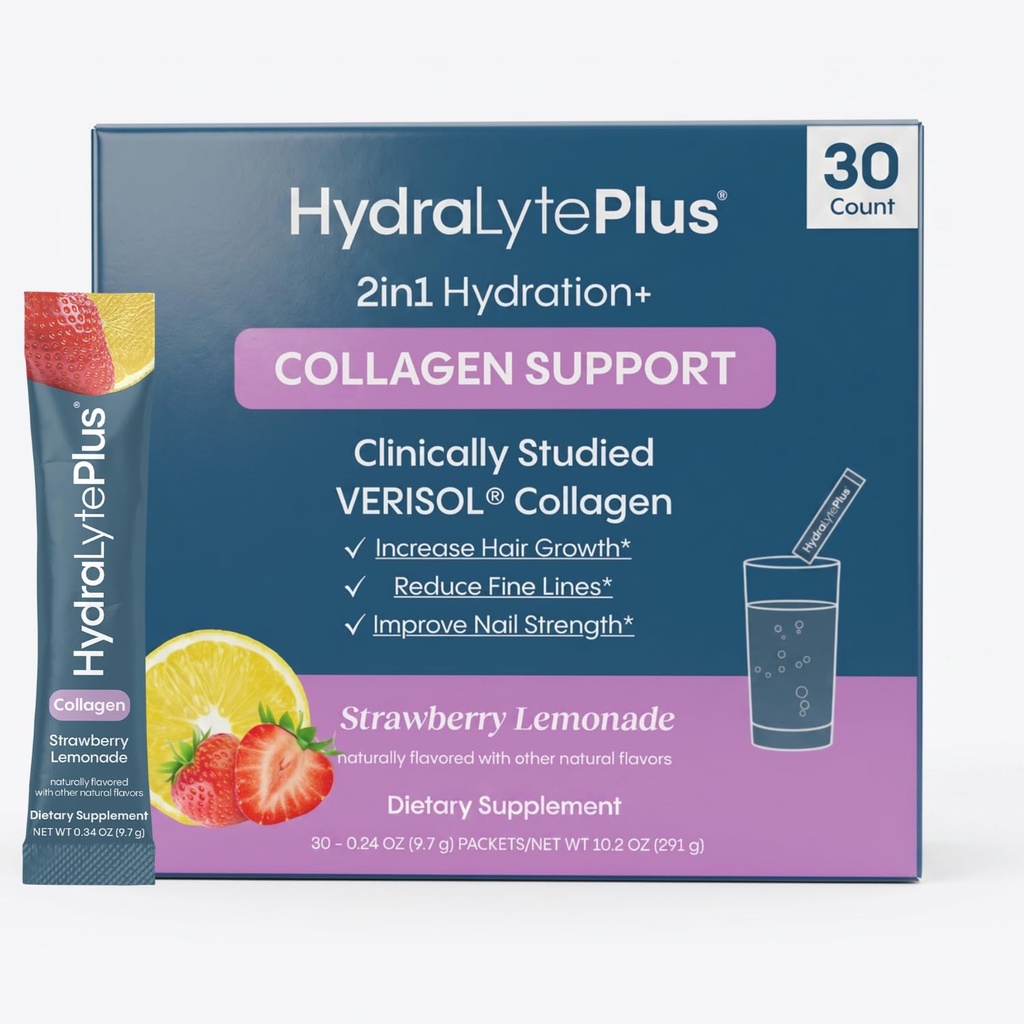 Hydralyte Verisol Collagen Packets with Electrolytes, Hydration Packets with Collagen for Women and Men, Electrolytes Powder with Collagen for Travel and Daily Hydration with Vitamina C (30 Count)