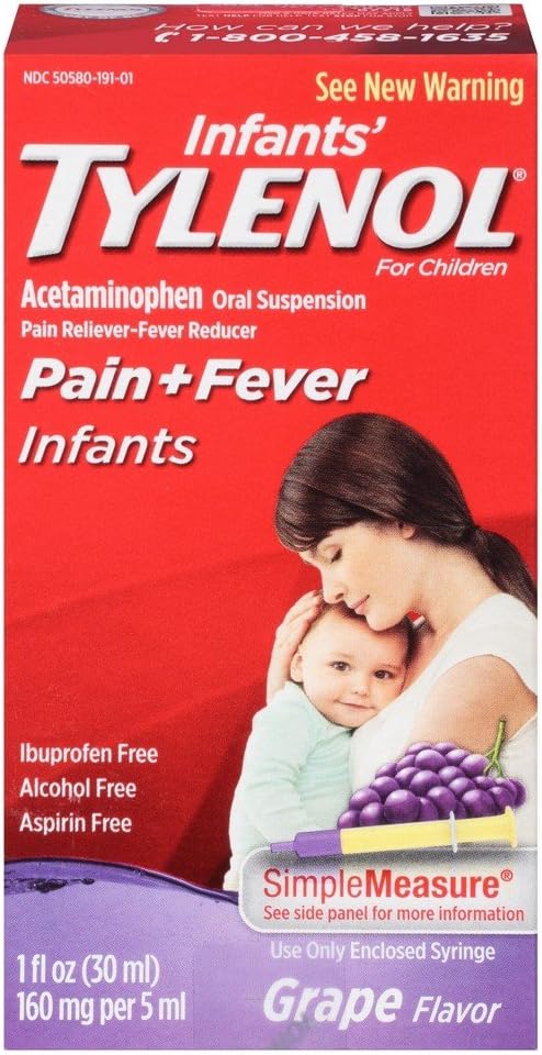 Dor de Tylenol Infantil + Febre Suspensão oral Sabor de Uva - 1 oz, Embalagem de 3