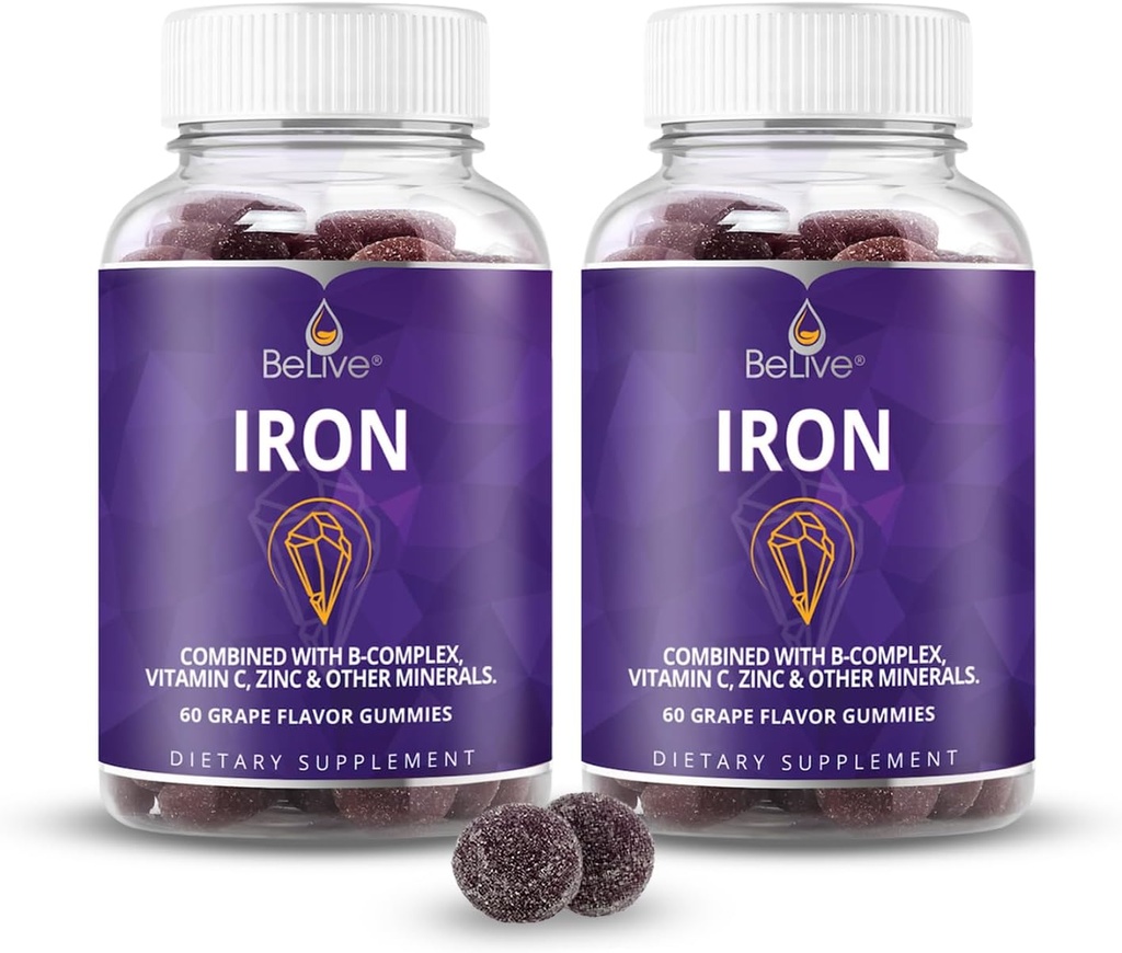 BeLive Pastilhas de ferro - Suplemento de ferro multivitamínico com vitamina C, A, B & Zinco, Suporta oxigênio de sangue, Vegan Suplementos para mulheres, homens e crianças para o crescimento e desenvolvimento - Sabor de uva