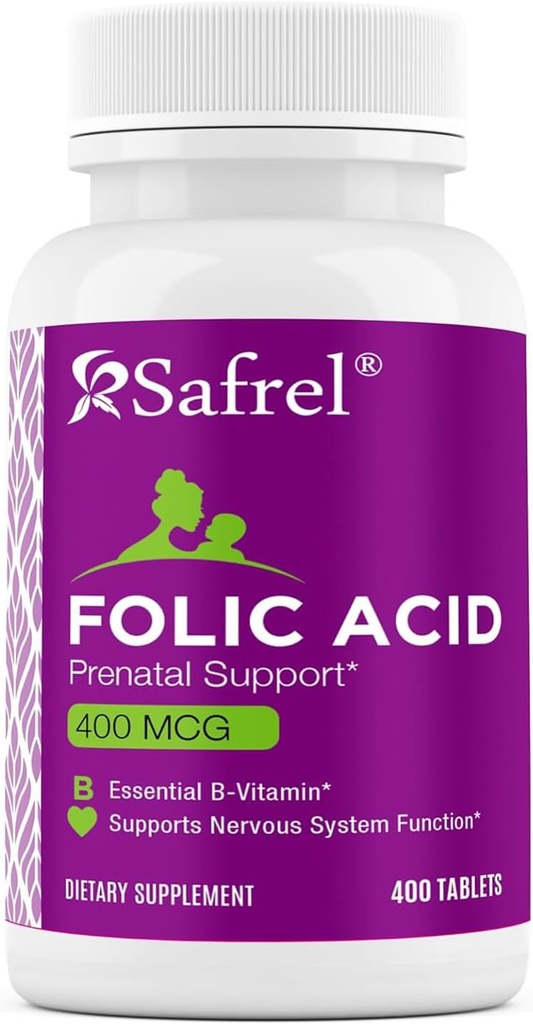 Ácido Fólico Safrel 400 mcg - Vitamina B9-400 Comprimidos, Vitamina essencial pré-natal e pós-natal para o desenvolvimento fetal, Produção de células sanguíneas vermelhas, Células e desenvolvimento neural