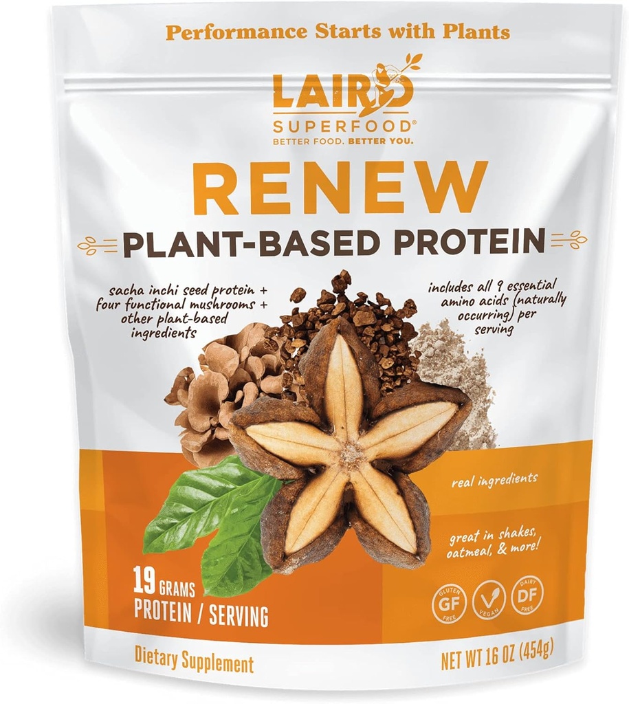 Laird Superfood Renew Plant-Based Protein Powder, 19 Grams Protein, Vegan com Sasha Inchi Seed Protein, Quatro cogumelos funcionais, Conservative Free, Gluten-Free, Dairy-Free, 16 oz. Saco