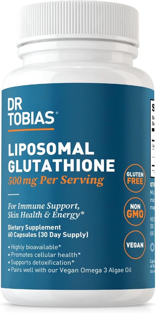 Dr. Tobias Liposomal Glutationa, 500mg Por Serviço - Altamente Biodisponível Suplemento Glutationa, Suporta Energia, Pele & Saúde Imune - Vegan, Sem Glúten, Não-GMO, 60 Cápsulas, 30 Servimentos