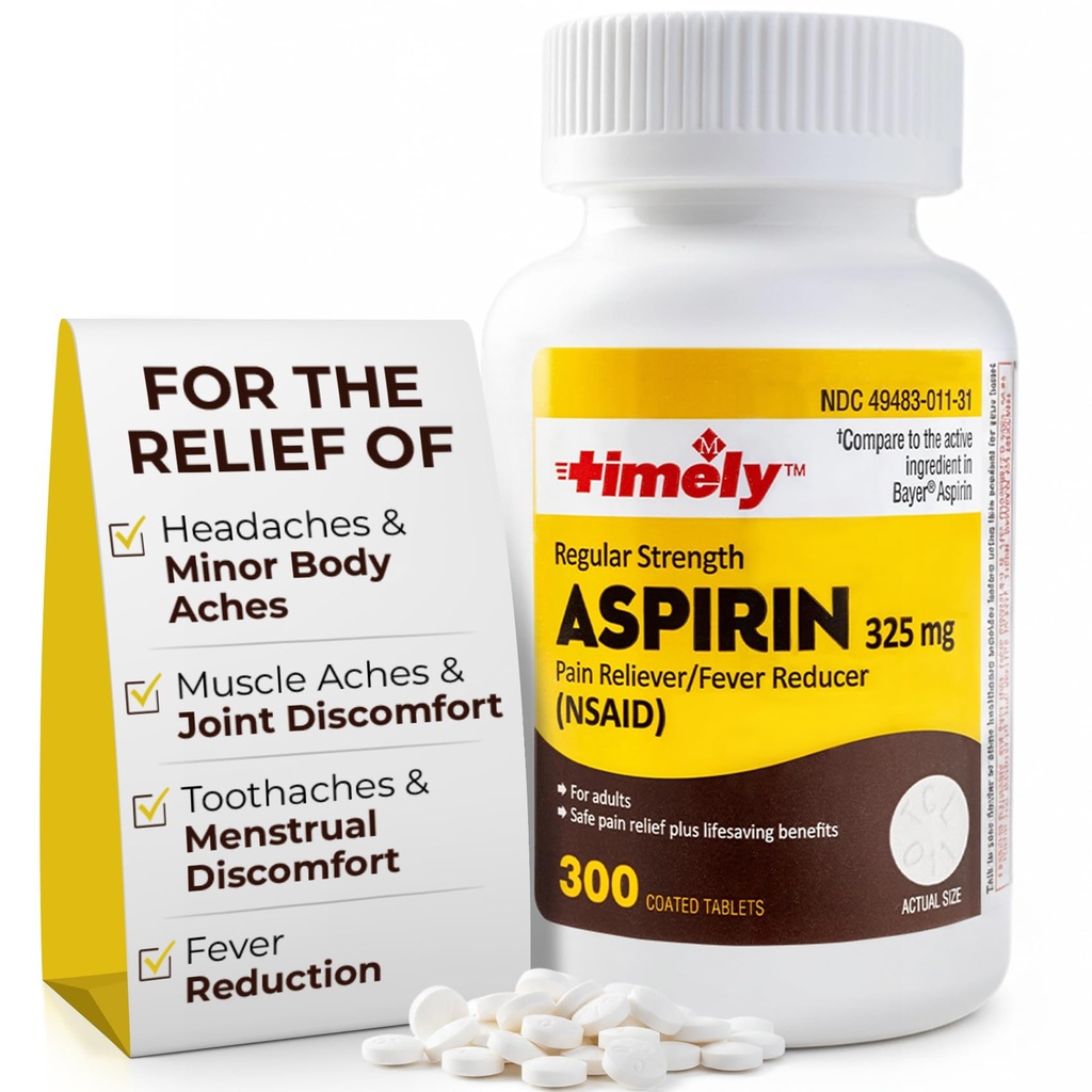 Time-CAP LABS, INC. Temporária 300 contagem regular de aspirina de força 325mg para adultos - em comparação com Bayer - revestido regular de aspirina comprimidos - alívio da dor para dores menores - Made in USA