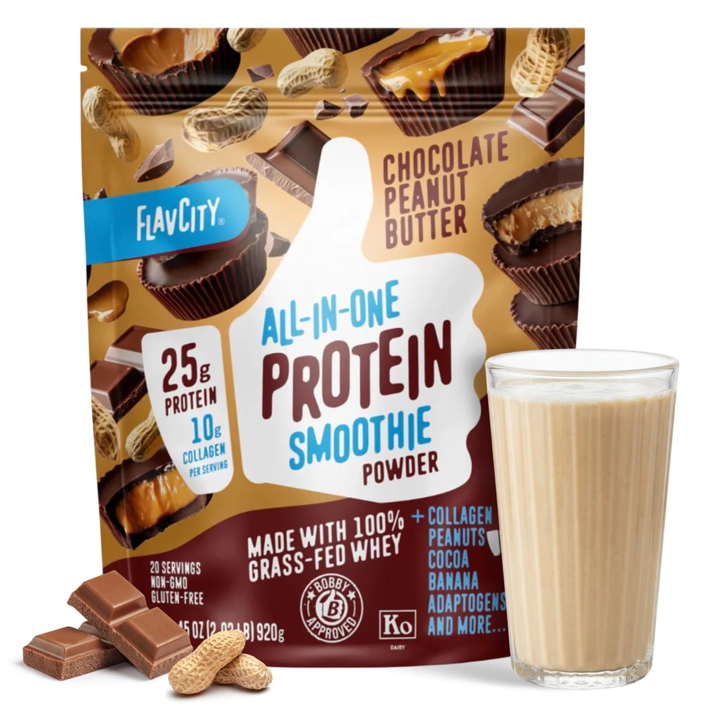 FlavCity Grass Fed Whey Chocolate Protein Powder - Chocolate Manteiga de amendoim - 25g Proteína & 10g Colágeno - Feito com cacau orgânico & Leite de coco - Gluten Free & No Added Sugars (20 Servings)
