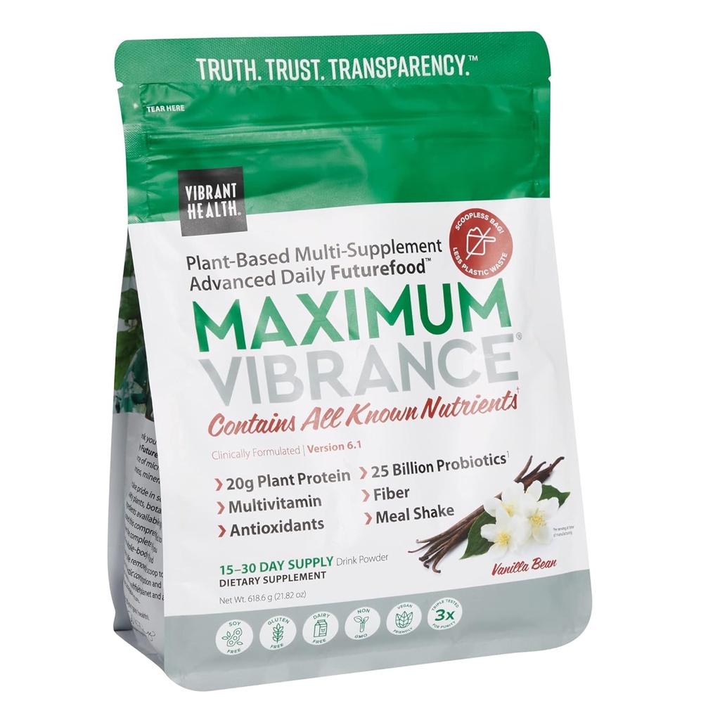 Saúde Vibrante, Vibração Máxima, Suplemento de Superalimento Baseado em Plantas com Multivitamina, Proteína e 25 Bilhões de UFC de Probióticos, Baunilha, 15 Pouch Servindo
