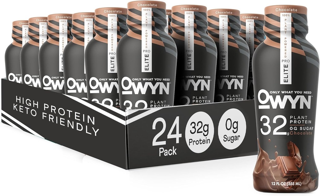 OWYN somente o que você precisa Pro Elite Vegan alta proteína Keto Shake, 32g proteína, 9 aminoácidos, Omega-3, Prebióticos, treino e recuperação, 0g líquidos carboidratos, zero açúcar (chocolate, 12 Fl Oz (Pacote de 24)
