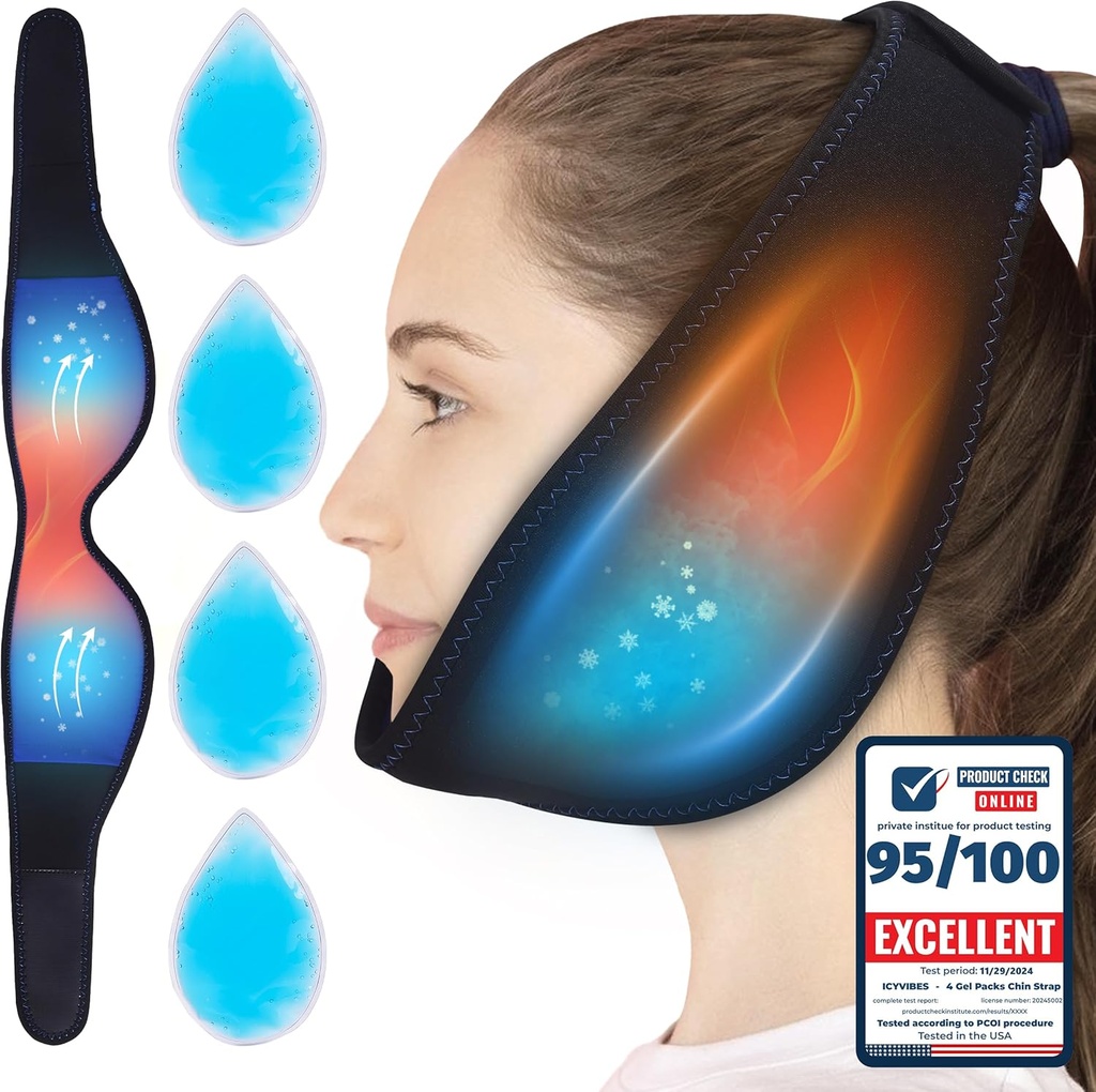 Premium 4 Gel Packs Cinta de queixo flexível quente e frio - Pacotes de gelo para dentes Sabedoria Refrazable Face Neck Head Airflow Jaw Bra Reusable Pack para alívio de sono TMJ e presente de gerenciamento de dor