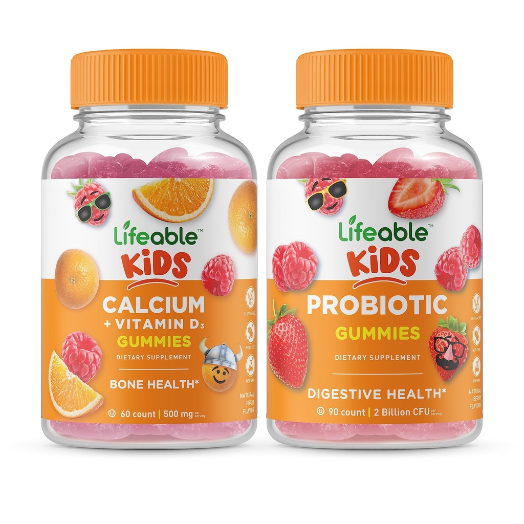 Cálcio vitalício com Vitamina D Kids + Probiótico 2 bilhões de UFC Kids, chicletes Bundle - Grande degustação, Suplemento Vitamina, Glúten Livre, GMO Livre, Gummy mastigável