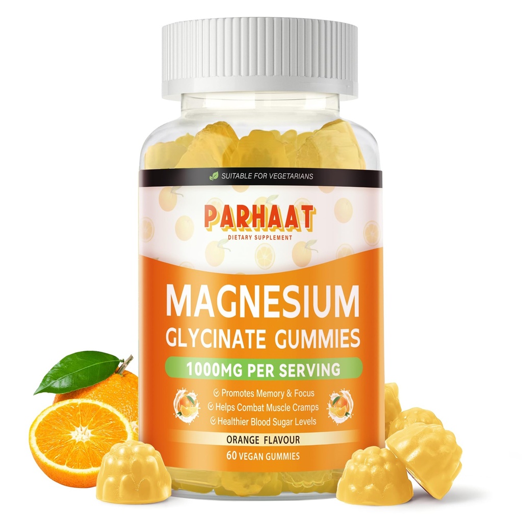 Glicerina de magnésio 1000mg - Suplemento de potássio de magnésio sem açúcar com vitamina D, B6, CoQ10 para calma humor e suporte ao sono - 60 chicletes laranja