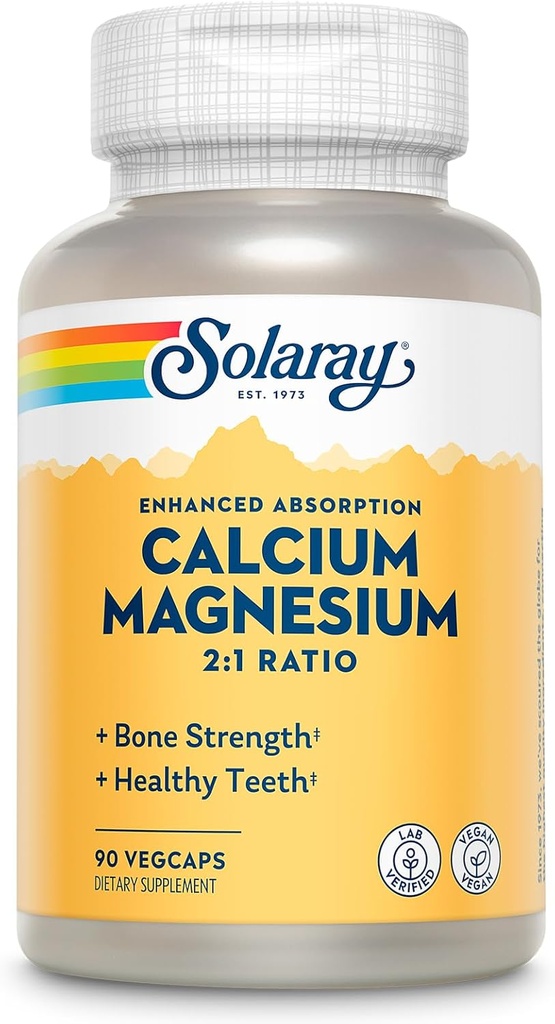 SOLARAY Suplemento de magnésio de cálcio, Magnésio e Suplementos de cálcio para mulheres e homens, razão 2:1, Saúde óssea e força, Vegan, alta absorção, garantia de 60 dias, 22 Servings, 90 VegCaps