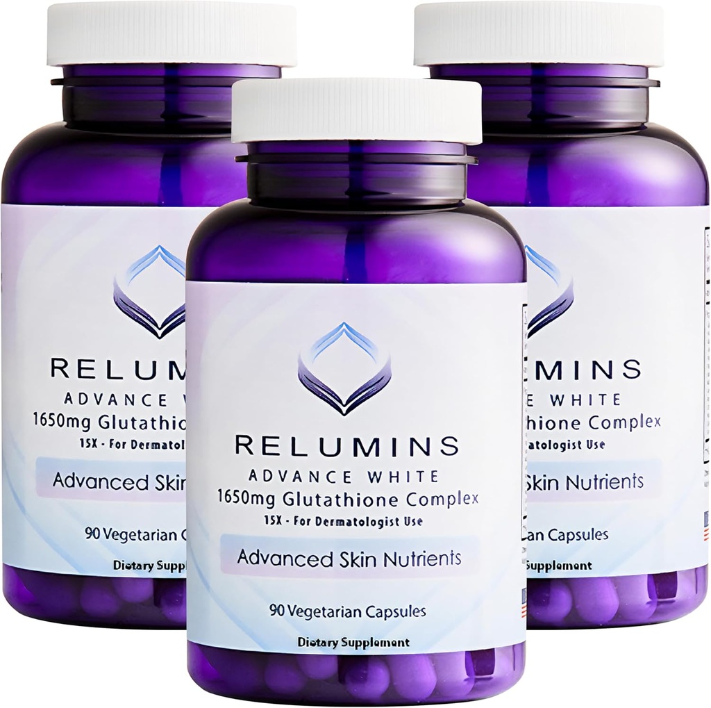 Reluminas L-Glutationa Complex 1650mg - Apoio antioxidante com Ácido Alfa Lipóico, NAC, L-Metionina, Vitamina E, Suplemento de Saúde da Pele, Made in USA - 90 Cápsulas Vegetarianas x 3 Garrafas