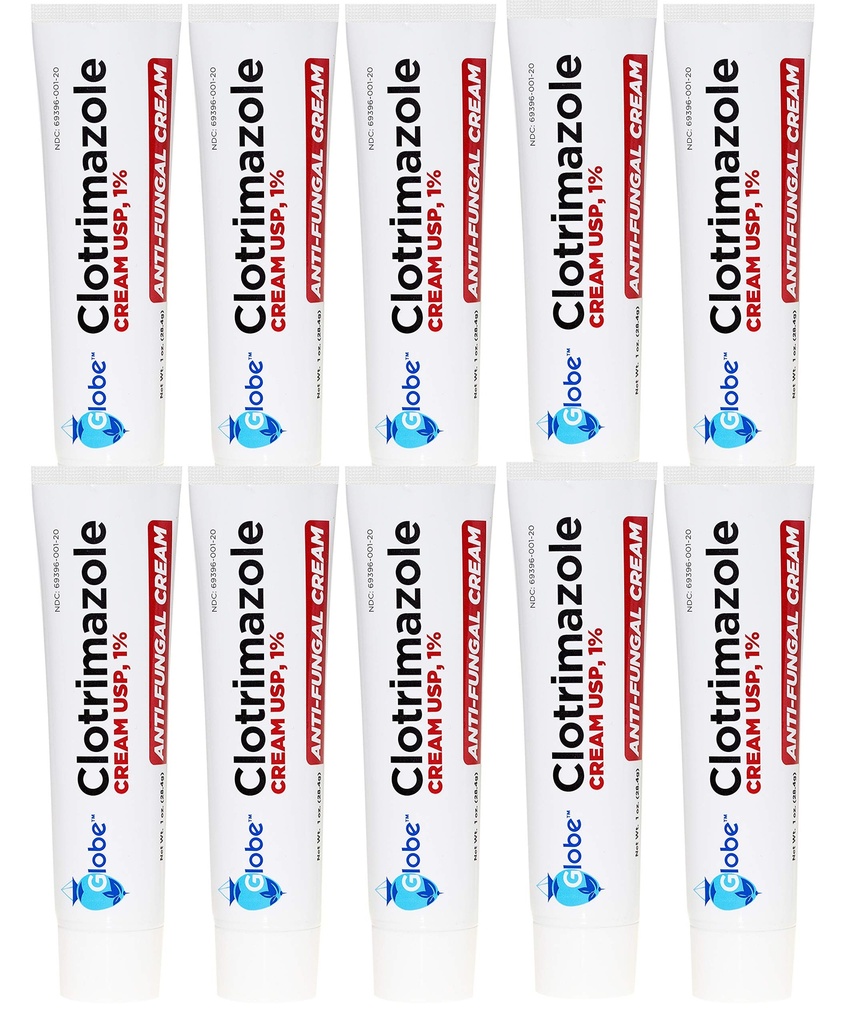 Globe Clotrimazol Antifungal Creme 1% USP, 1 oz (10 Pack), Anti Fungal Tratamento, Alivia Coceira, Queimadura, Cracking e Escala Associado Atletas Pé, Jock Coceira, Ringworm e Mais