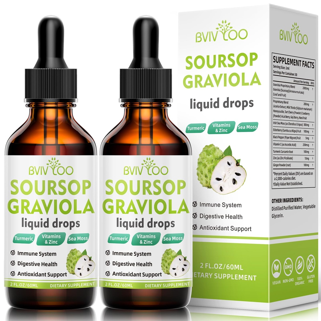 2 Pack Soursop Graviola Liquid Drops - 2000mg Puro Soursop Extract Misturado com 300mg Sea Moss & 100mg Elderberry - Suporte Celular Poderoso, Antioxidante-Rich, Immune-Boosting - 4 Fl Oz (120ml) Garrafa