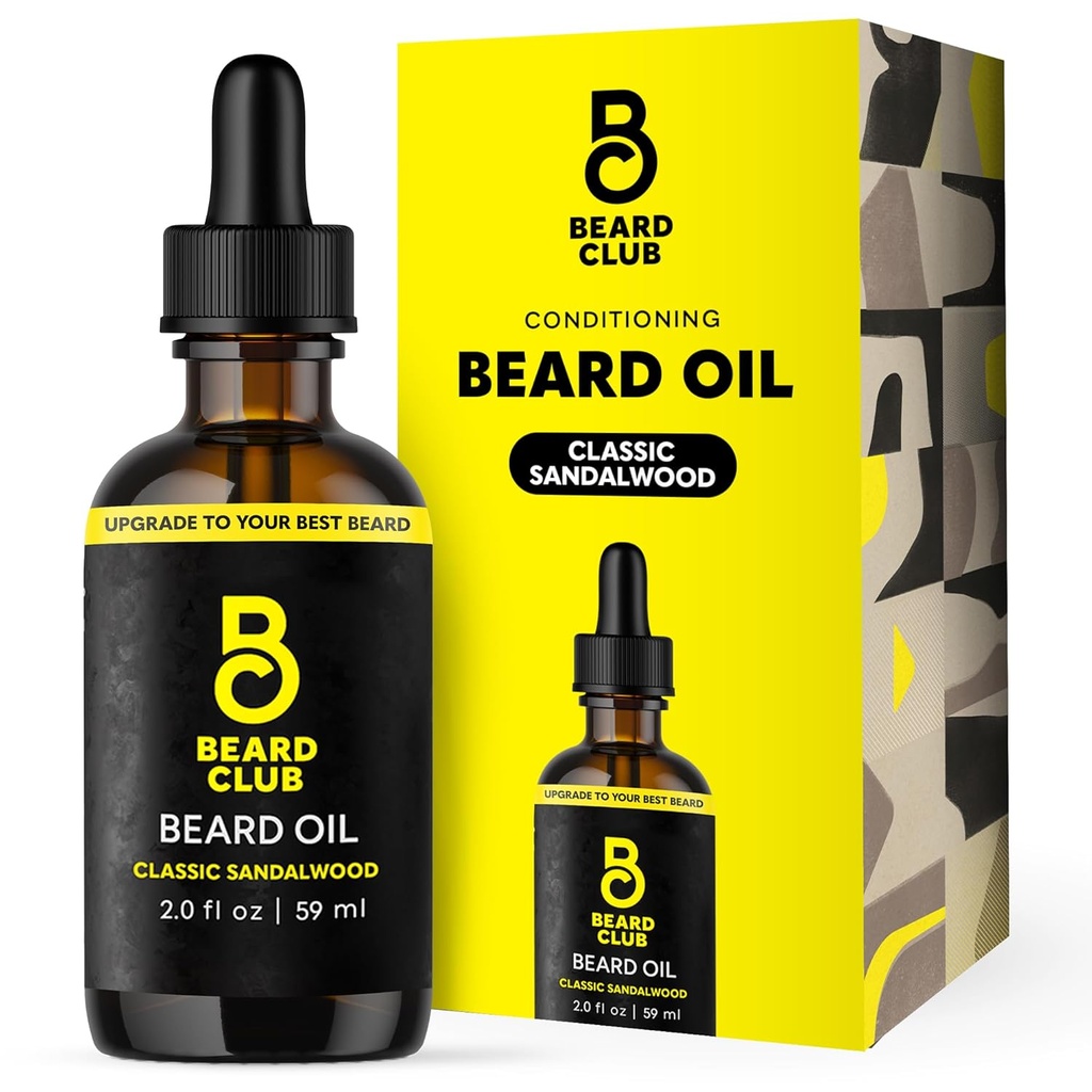 O óleo de barba do clube de barba para homens - 2oz clássico Sandalwood Óleo de barba natural com óleo de rodízio e âmbar - Beard & Mustache Conditioner - Hidratos, suaviza e acalma a pele seca - Fortalece os folículos do cabelo