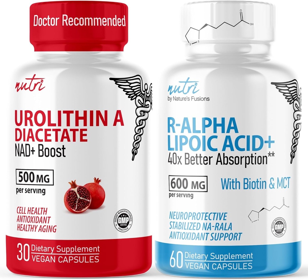 Fusões da Natureza Urolitina A Diacetato 500mg & R Ácido Lipóico Alfa 600mg (60 Cápsulas) - Antioxidante/Energia