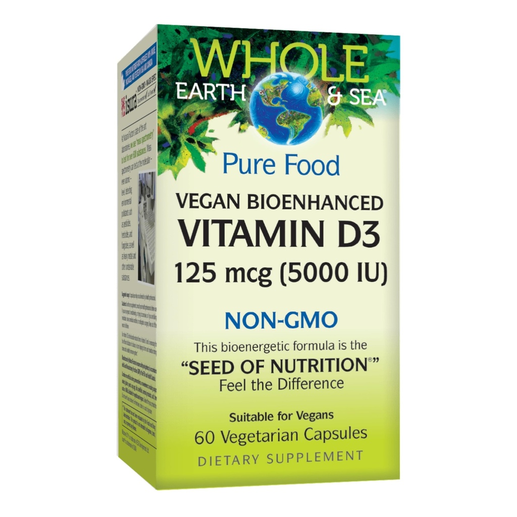 Fatores naturais Terra inteira & mar Vitamina D3 125mcg (5.000 UI), Vegan Bioenhanced, 60 Cápsulas Vegetarianas
