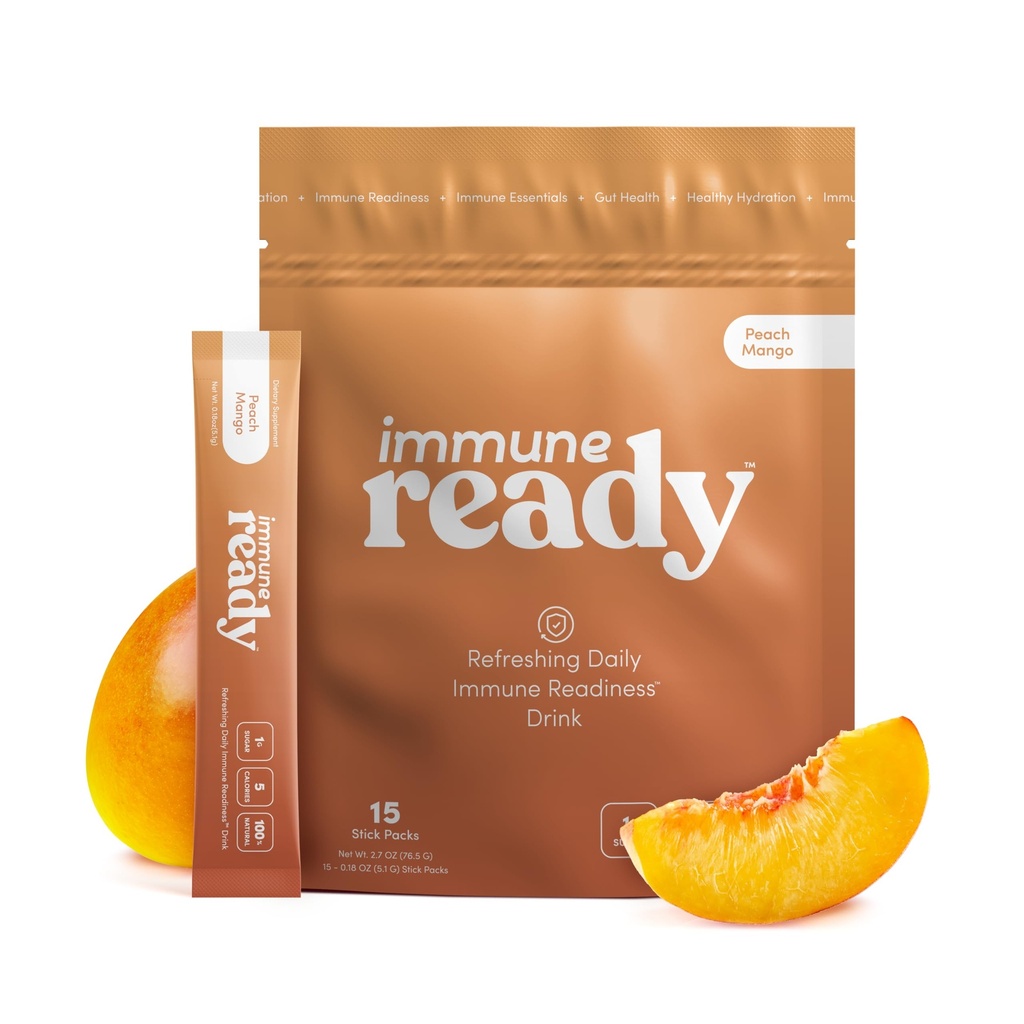 Imune ReadyTM Electrolytes Powder Packets – Immunity Boost Drink Mix com Vitamina C, Picolinato de Zinco, Inulin Powder & Beta Glucan – Sugar-Free Peach-Mango, 15 Servings