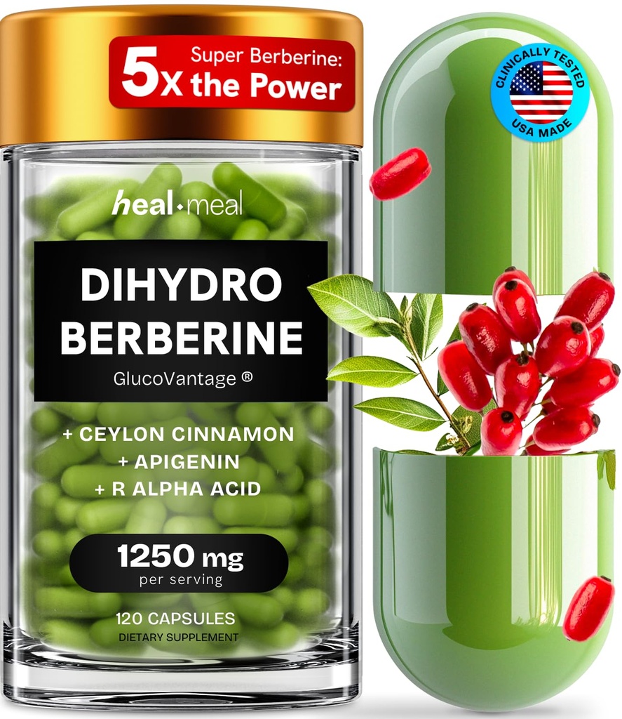Suplemento de dihidroberberina - Dehidro Berberina Orgânica - Super Berberina Suplemento com Ceilão Canela & R Alfa Ácido Lipóico & Apigenina - Hydroberberina 120 cápsulas (1 embalagem)