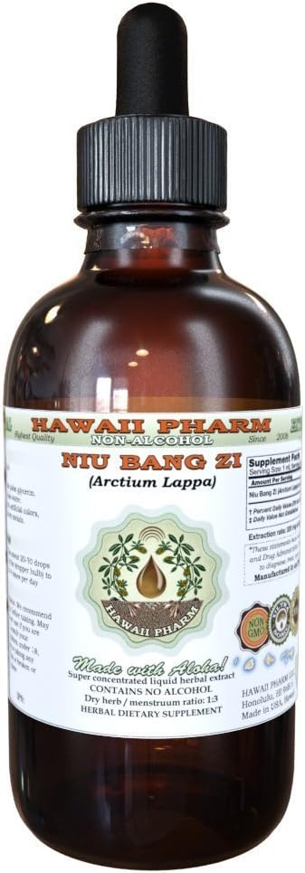 NIU Bang Zi Alcohol-Free Liquid Extract, NIU Bang Zi, Burdock (Arctium Lappa) Seed Glicerite Natural Herbal Supplement, Hawaii Pharm, USA 2 fl.oz