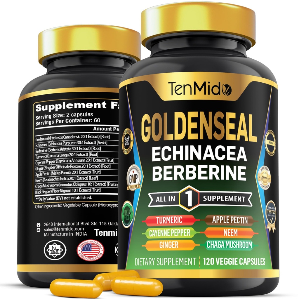 Goldenseal Root Supplement - Fórmula 10in1 - Combine com Echinacea, Berberine, Açafrão, Cayenne Pepper, Ginger, Apple Pectin, Neem, & More - Suporte Digestivo à Saúde - 120 Cápsulas