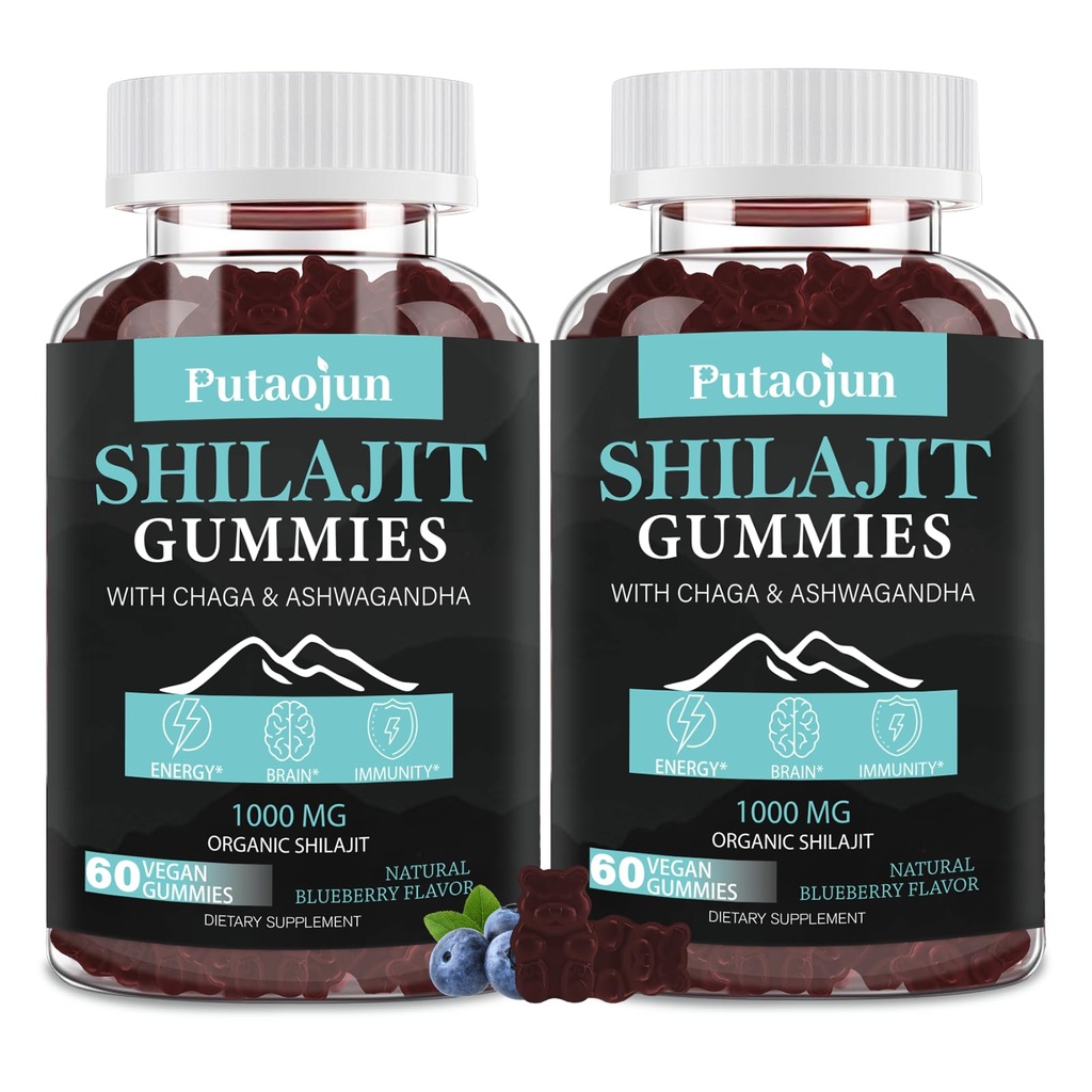 Shilajit Gummies para Homem e Mulher. Gomas de Shilajit de Ouro Himalaia. 3rd Party Tested.1000mg Puro Shilajit, 200mg Ashwagandha, 200mg Chaga, 100mg Ginseng, 100mg Serra Palmatto, 60mg Óleo de semente preta