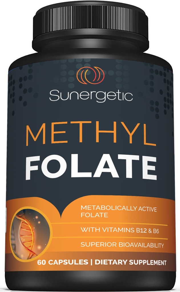 Sunergetic Suplemento de Folato de Metila Premium – com Vitamina B12 e Vitamina B6 – Folato Metabolicamente Activo como Magnafolato - Metilfolato 400 mcg por cápsula – 60 Cápsulas