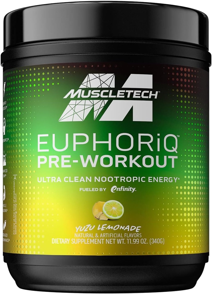 Pré-treino MuscleTech EuphoriQ Pré-treino Smart Pré-treino em pó para homens e mulheres Metabolite de cafeína alimentado com paraxantina Yuzu Limonada (20 Servões)
