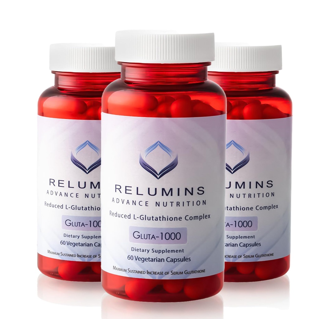 Relumins Advance Nutrition Gluta 1000 - Reduzida L-Glutationa, Ácido Alfa Lipóico e Rose HIPS - Suporte antioxidante para pele e bem-estar geral - 60 cápsulas de Veg x 3 garrafas (fornecimento de 90 dias)