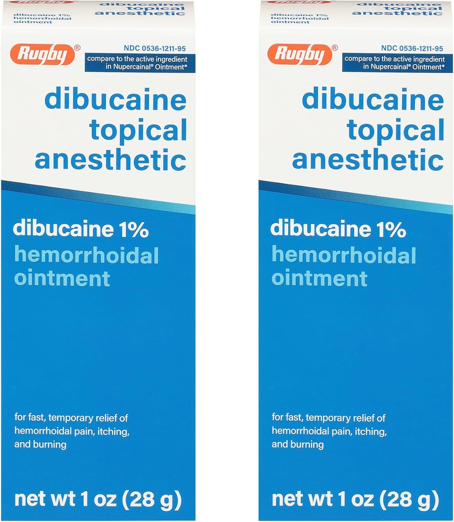 Rugby Dibucaína tópica Anestesia 1% Hemorroid Pomada - Creme de alívio da dor para coceira e queima, Tratamento de hemorroidas, Anti Comichão Creme 1 Oz (2 Pack)