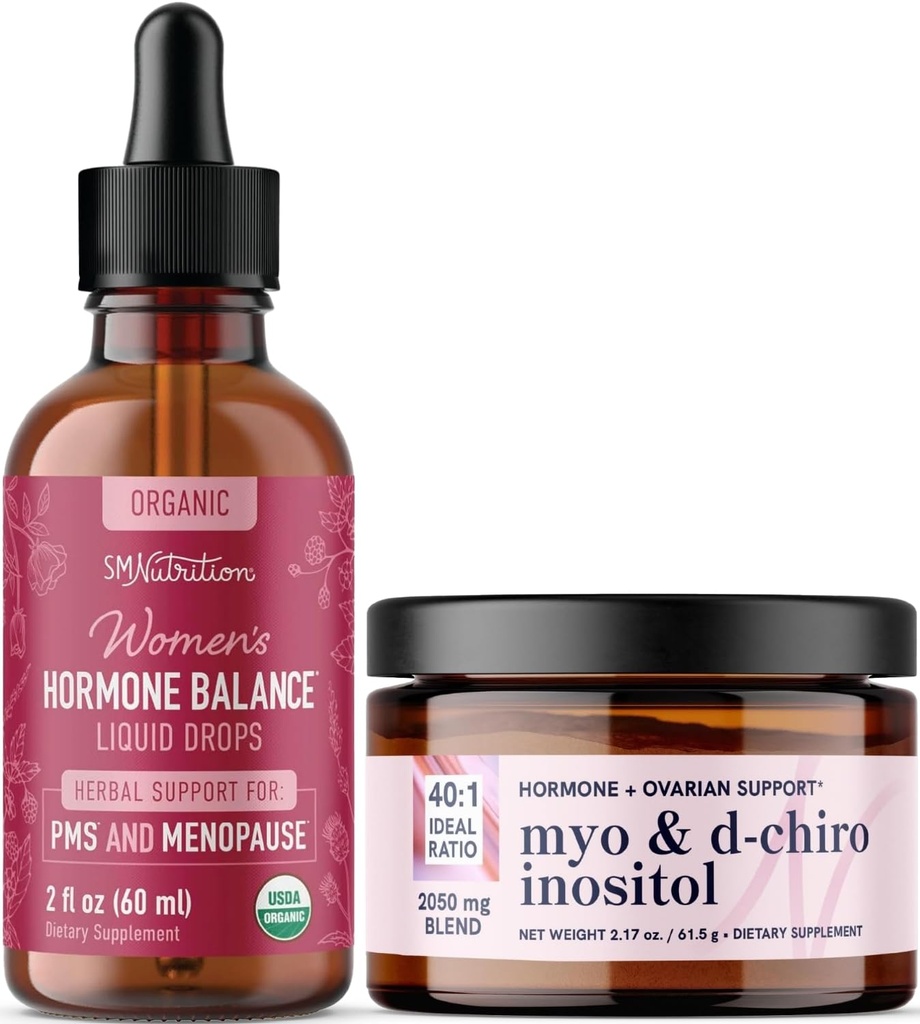 Mio-Inositol Powder Complex & Herbal Hormone equilíbrio tintura Hormone balanceamento conjunto com Myo-Inositol & D-Chiro (30 Servões) e PMS Menopausa & Suporte Menstrual líquido (60 Servões)