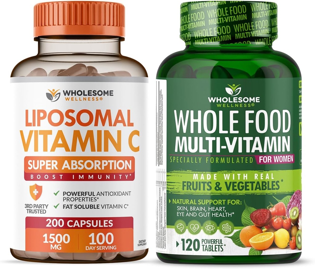 Cápsulas de vitamina C lipossomal de bem-estar saudável (200 comprimidos 1500mg tamponado) VIT de alta absorção C + Multivitamínico de alimentos inteiros para mulheres - vitaminas naturais múltiplas, minerais, extratos orgânicos