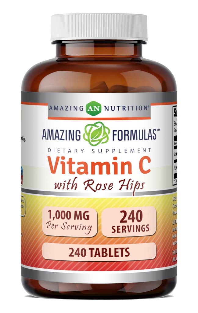 Fórmulas surpreendentes Vitamina C com Rose HIPS Suplemento .1000 Mg . 240 Comprimidos . Não-GMO .