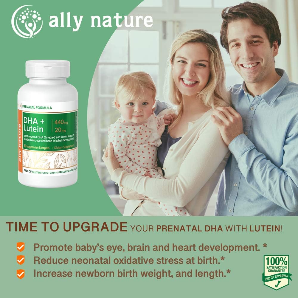 Vegan Pré-natal DHA 440mg – Lutein 20mg Para Gravidez – Não-GMO Pré-natal Multivitamina para mulheres grávidas- apoio saudável cérebro, olho e coração no desenvolvimento do bebê - 60 Softgels