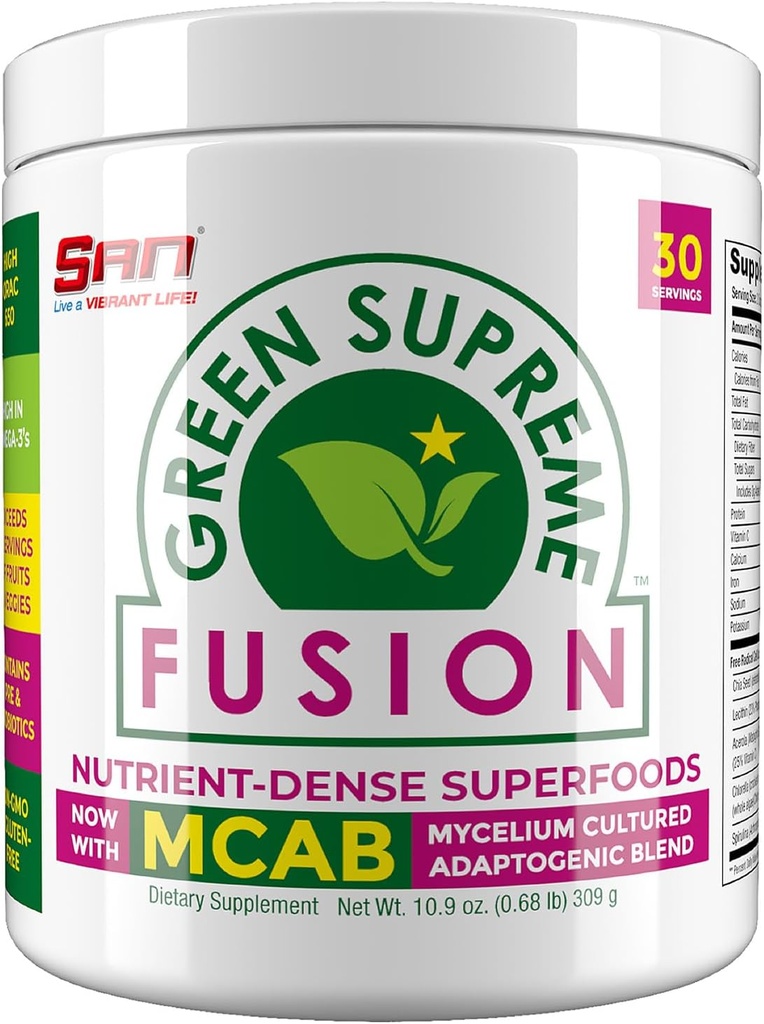 Antioxidante de fusão suprema da SAN Nutrition: Super Greens Smoothie Mix com espirulina, chlorela, cogumelos adaptogênicos, 30 Servings