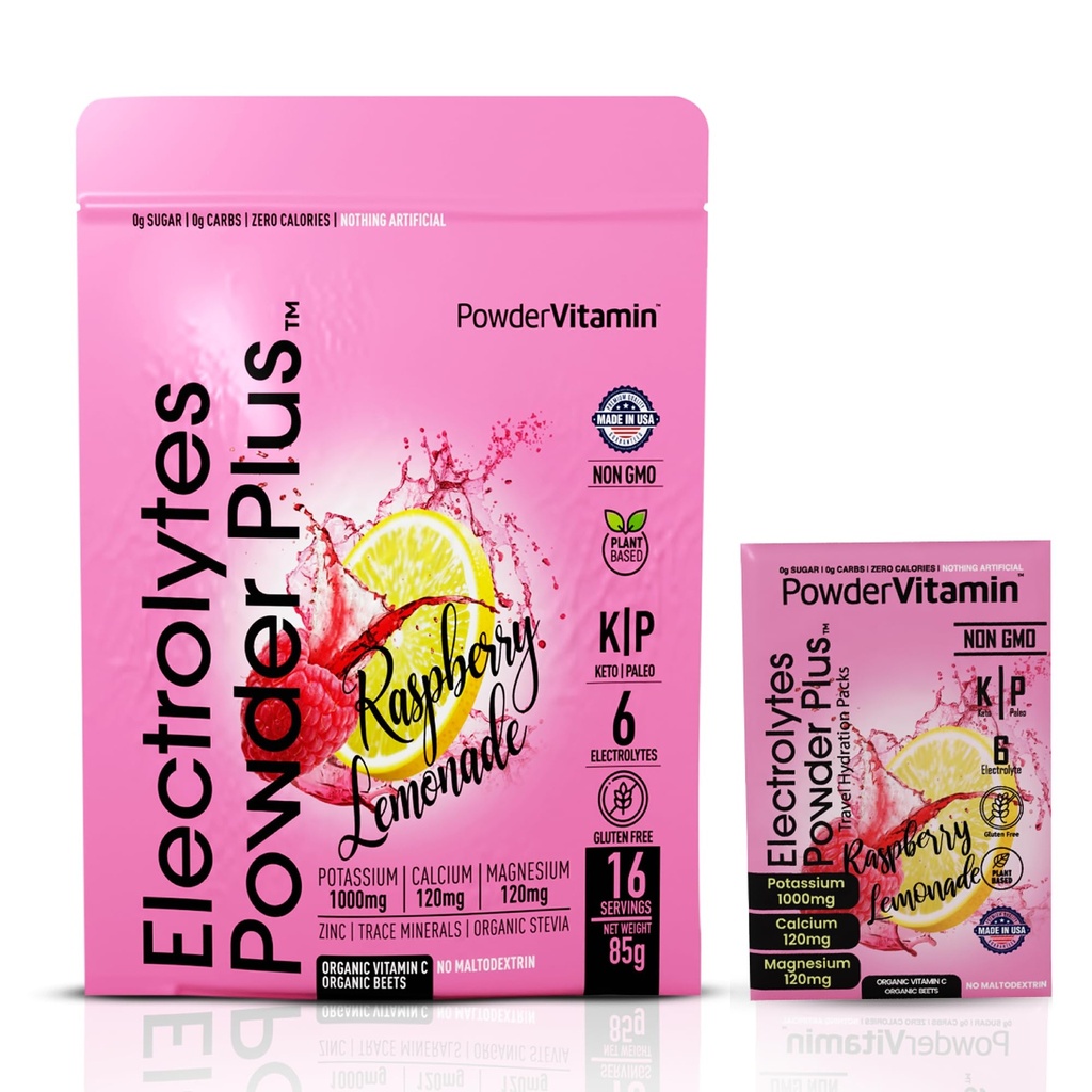 PóVitamina Eletrólitos Pó Plus, Keto, Limonada de framboesa, Livre de Açúcar, Sal rosa Himalaia, 1000mg Potássio, 120mg Cálcio, 120mg Magnésio, Não-GMO, Zero Calorias, (16Hidração Packets)