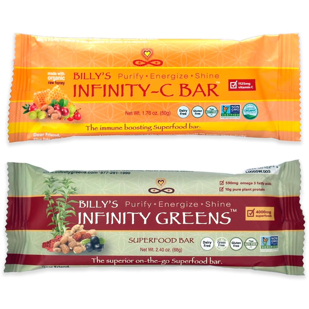 Infinity Greens Bundle, 1 Caixa Verde Superfood Bares (12 Pack), 1 Caixa Organic Vitamina C Snack Bares (12 Pack)