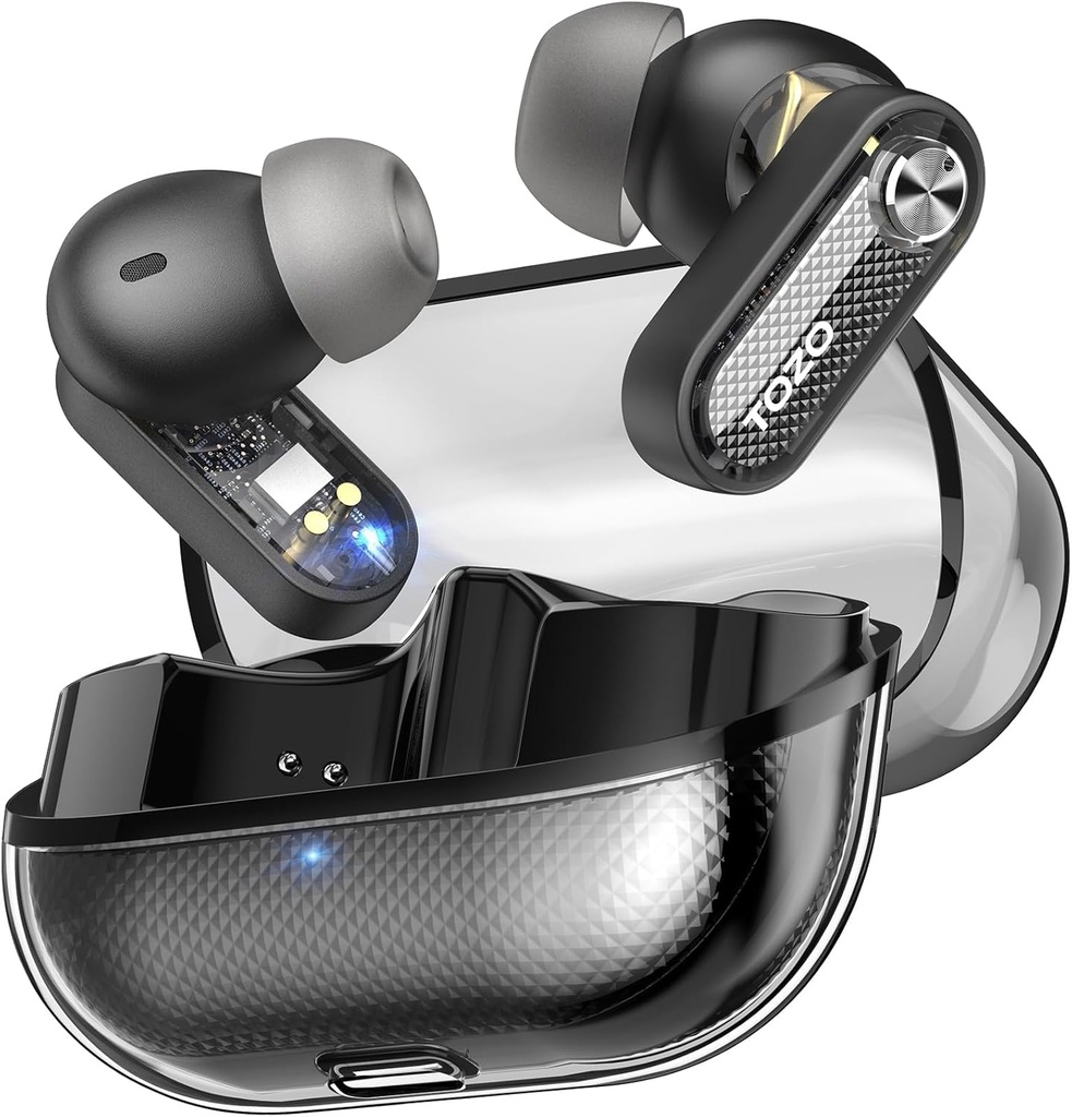 Tozo Crystal Pods Hybrid Ativo Ruído Cancelando fones de ouvido sem fio, 10mm Drivers Deep Bass Stereo Sound, 4 Mics Smart ENC AI Calls, 32 EQ via App, Bluetooth 5.4 Auscultadores, Desenho de Casos de Cristal