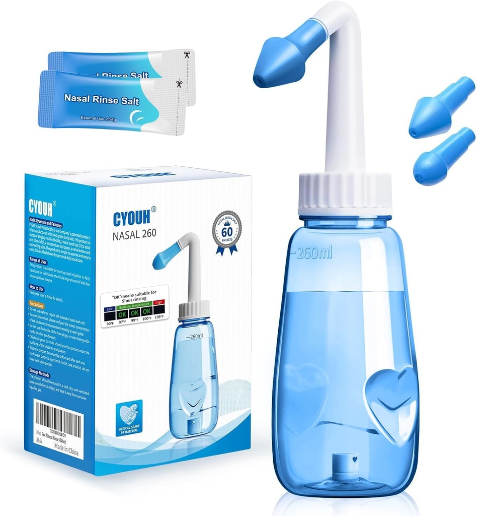 Neti Pot Sinse Garrafa 260 ML com 60 pacotes de sal de lavagem nasal e termômetro adesivo Lavar o nariz Lavar a pressão Lavar a irrigação nasal para adultos e crianças BPA Free (azul)