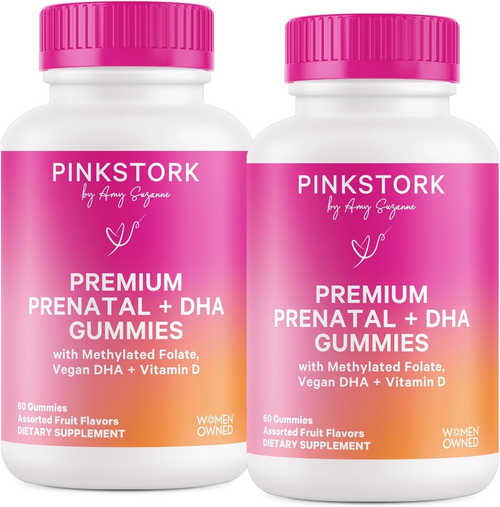 Cegonha rosa Premium Vitaminas Gummy pré-natal com DHA, folato e vitamina D - 60 chicletes Vegan - 2 Pack