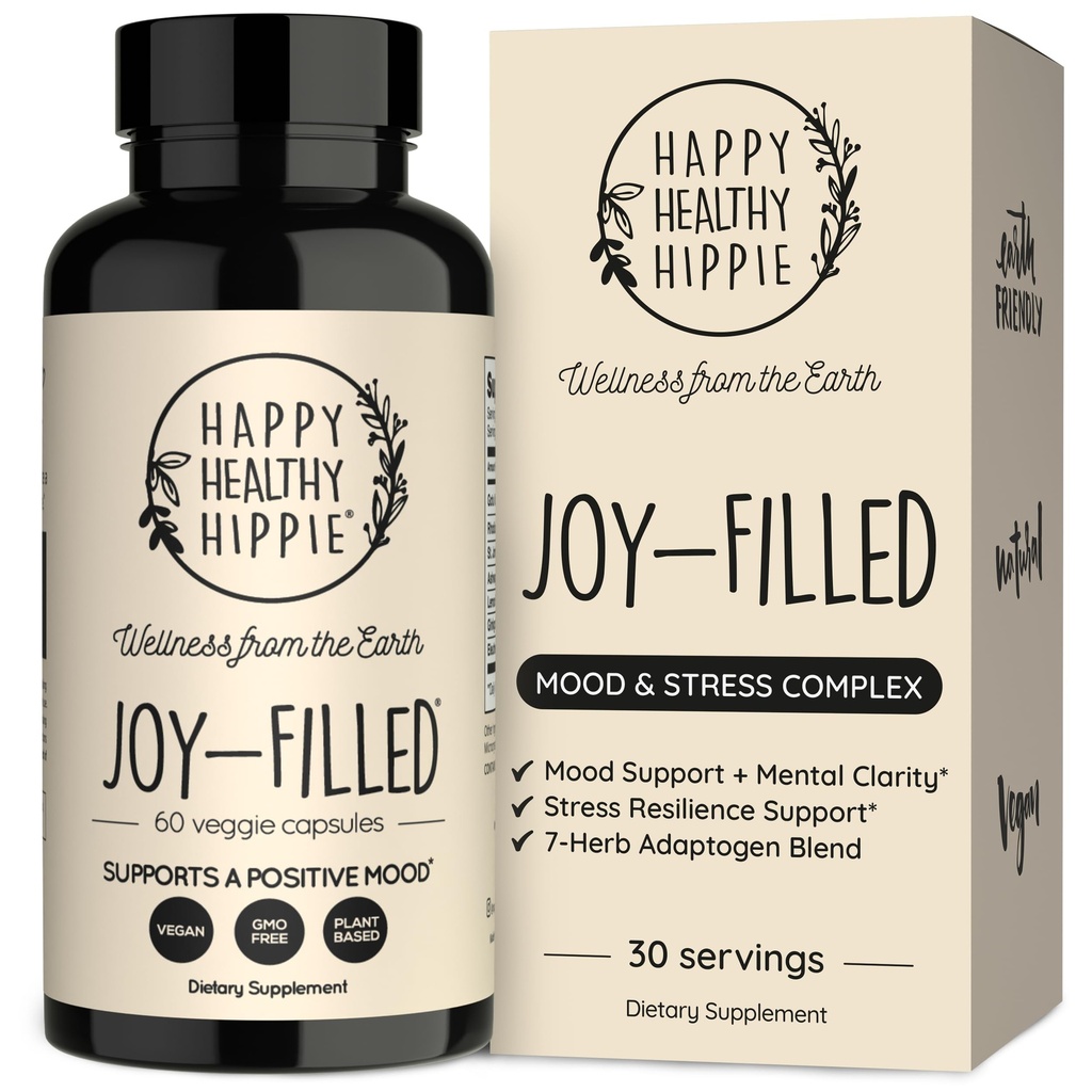 Suporte de humor cheio de alegria - 7 Herb Complex w/St. Johns Wort – Ajuda a acalmar a mente e o corpo 100% Plant-Based Happy Pills, Ashwagandha, Rhodiola Rosea, 60 Ct