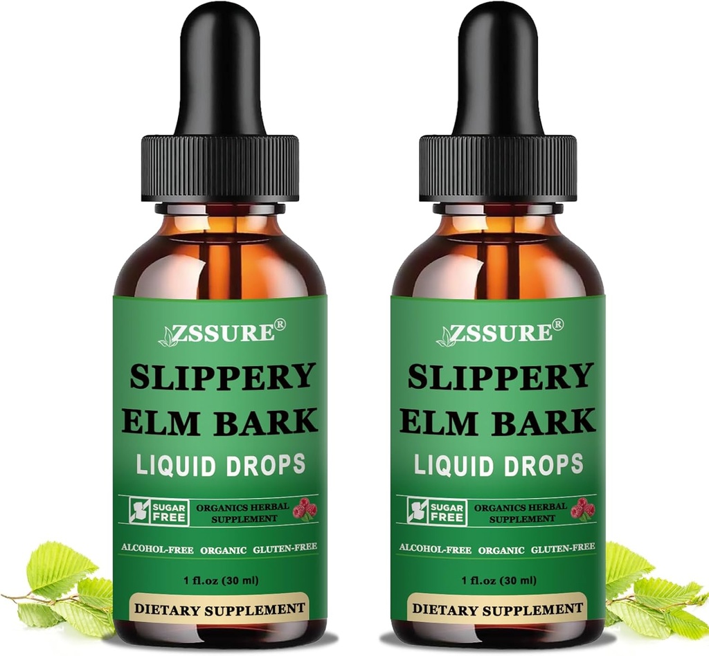 (2 Pack) Slippery Elm Bark Liquid Drops, Puro extrato orgânico Slippery Elm 1000mg para a saúde do intestino digestivo, Liquid Slippery Elm Tincture Herbal Supplement, Vegan, Alcohol Free, Não-GMO, Gluten Free